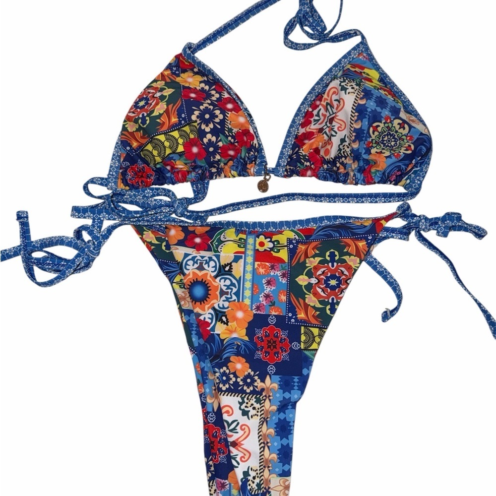 Blue Floral Patchwork Triangle Bikini Set